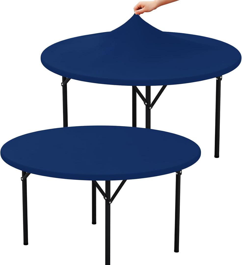 misaya 2 Packs Round Spandex Tablecloths, Stretch Elastic Tablecloth Cover Fits for 36"-44" Round Tables, Washable Polyester Table Cloth for Dining, Party, Outdoor and Indoor, Navy Blue