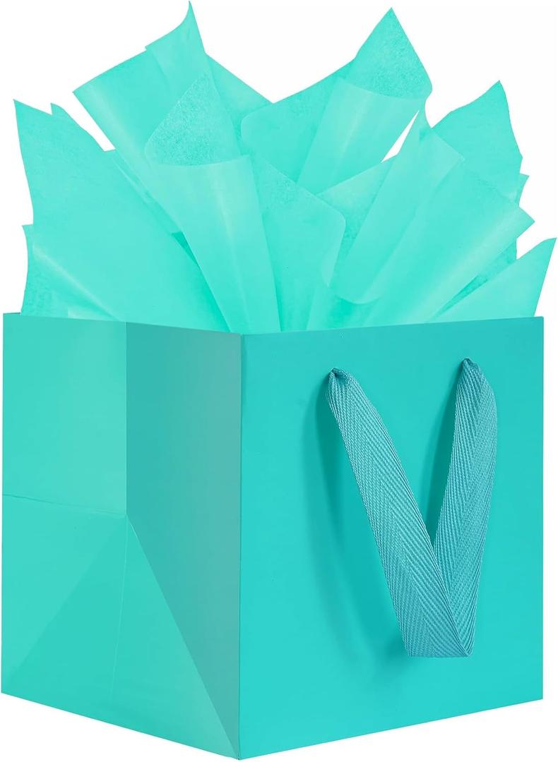 KEYYOOMY Teal Blue Square Gift Bags with Handles Gift Bags Medium Size with Tissue Paper Party Favor Bag for Birthday Weeding (10 CT, 8x8x8 Inch, Teal Blue)