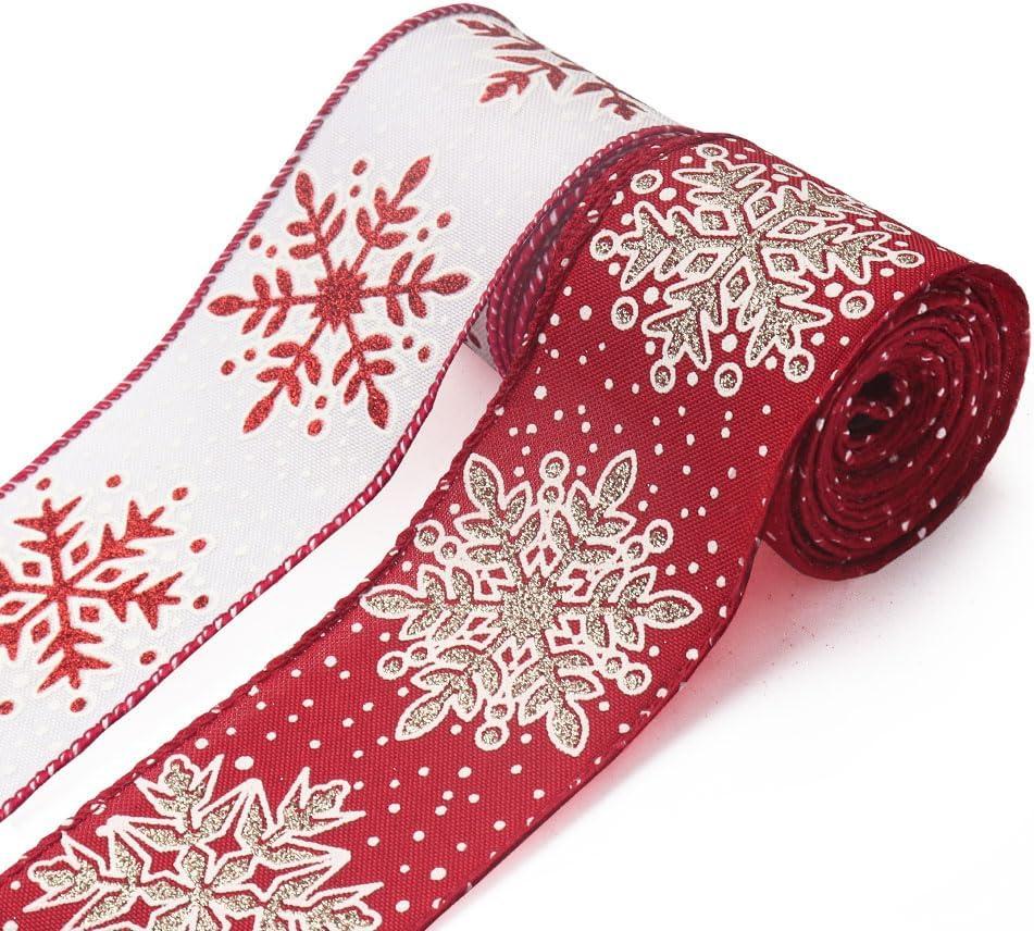 2 Rolls Christmas Ribbons for Crafting, Xmas Wired Edge Ribbon Red White Burlap Ribbon Bow Winter Holiday Snowflake Wired Ribbons for Gift Wrapping Christmas Sewing DIY Crafts Supplies Style 2: 2R Snowflake