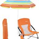 Low Beach Chair Beachs for Adults Beach Chair with Umbrella Folding Chair Detachable SPF 50+ Umbrella, Armrests, Cup Holder, Portable Sand Chair (1-Pack Orange)
