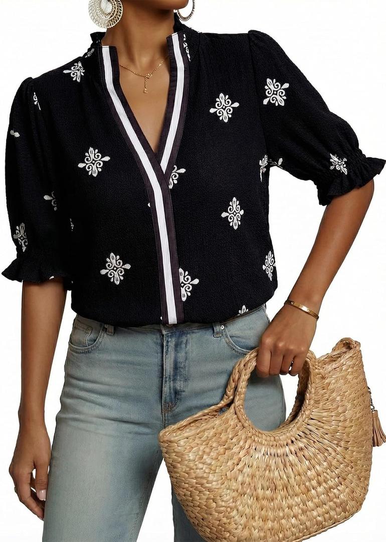 Dokotoo Womens Boho Floral Ruffle Shirt Puff Short Sleeve V Neck Blouse Top | 2026 Summer Fall,Puff Short Sleeve,V Neck,Dressy Casual,Boho Tops,Beach Vacation Tunic,Loose Fit,Flowy Clothes (Black, S)