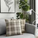 UGASA Classic Retro Checkered Plaids Cotton Linen Cushion Cover Square Throw Pillow Cover 5 Tone Modern Farmhouse Cushion for Sofa, 18x18 Inch(45cm), Set of 2, Natural + Brown