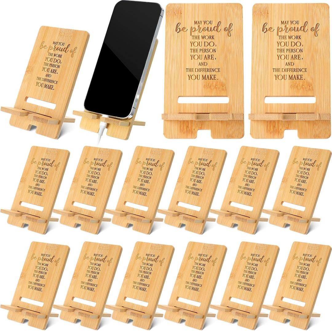 Ripeng 12 Pcs Employee Appreciation Gifts Bulk Bamboo Phone Stand for Desk Office Worker Thank You Gift for Administrative Assistant Team Coworkers Staff Nurse Teacher Week (Classic Work Pride)