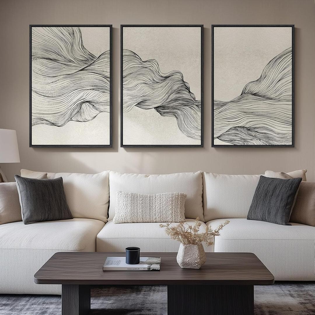 Large Framed Black and Beige Neutral Abstract Wall Art for Living Room, 3 Piece Modern Canvas Prints Paintings Artwork for Walls, Minimalist Lines Pictures for Hallway Stair Office Wall Decor 24x36 In, 24" W x 36" H x 3Pcs