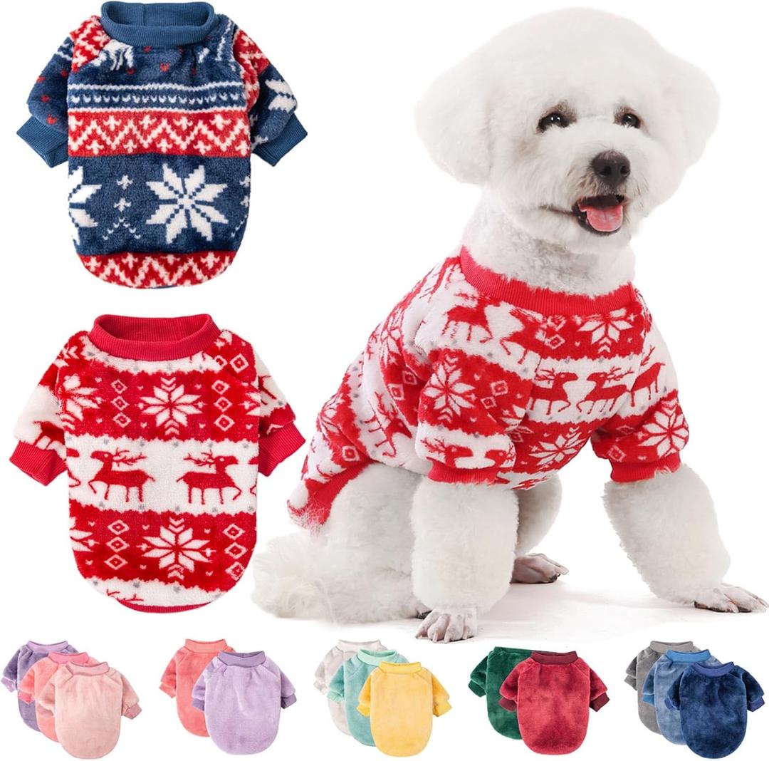 FabriCastle Christmas Dog Sweater, 2-Pack Dog Clothes, Ultra Soft and Warm Pet Jackets for Small Dogs & Cats, Winter Pet Apparel Costumes, Puppy Outfits (Red,Blue, Small)