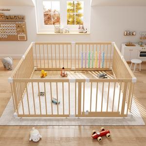 IKALIFE Large Wooden Baby Playpen - Size Adjustable Fence for Babies and Toddlers, Baby Play Yard with Locking Gate, Indoor Play Pen for Kids Activity Center 8 Panels 63.563.5