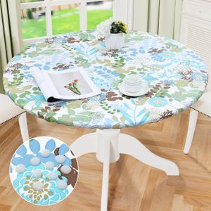 misaya Round Fitted Tablecloth with Elastic Edge, 100% Waterproof Oil Proof Plastic Table Cover, Vinyl Flannel Backed Table Cloth Fits 36"-44" Round Tables for Dinner, Outdoor, Picnic, Leaves (Blue and Green)