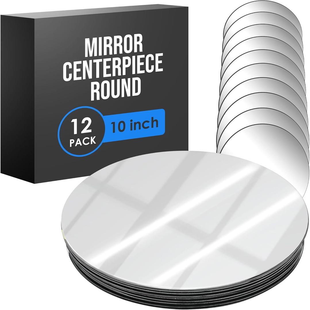Houseables Mirror Centerpieces for Tables, Round Mirrors for Centerpieces, Mirrored Trays, Round Table Plate Tray, Circle, Glass Charger, Wedding, Center Piece, Small, Base, Candle, 10 Inch, 12 Pack (Silver)