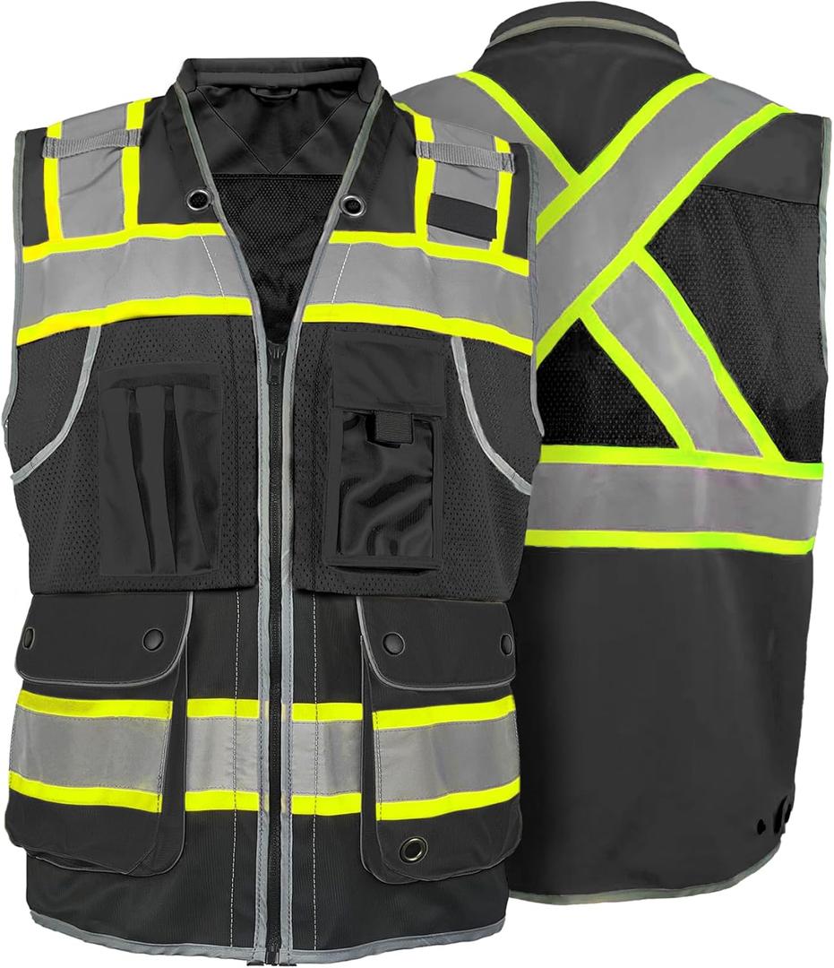 High Visibility Safety Work Vest for Men, Surveyor Safety Vest with Pockets, ANSI/ISEA 107-2020 Class 2 (Medium, Black)
