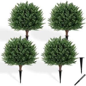 23.5" Artificial Cypress Trees Set of 4 UV Resistant Cedar Evergreen | Set of 4 UV-resistant 23.5" faux cypress trees. Realistic cedar evergreen shrubs for indoor outdoor porch garden yard decor.
