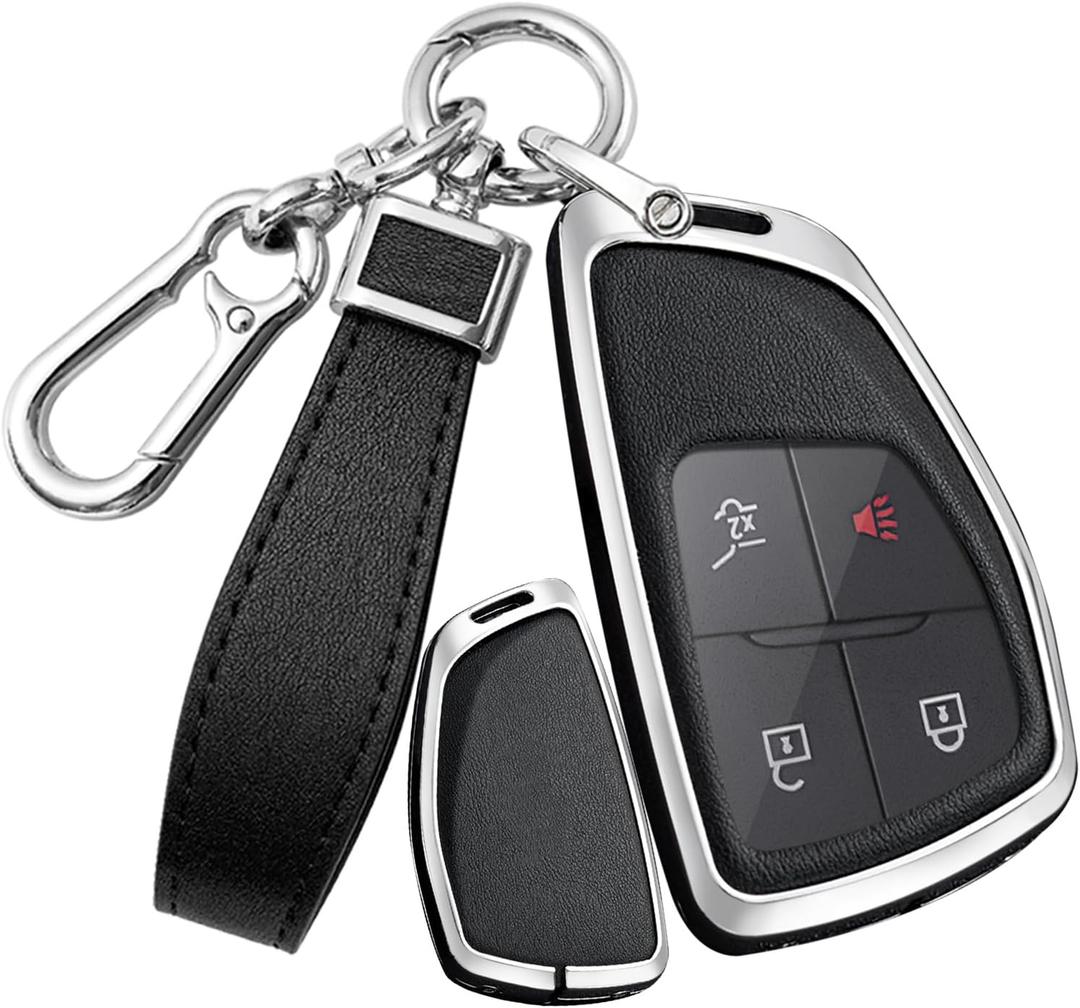 SANRILY PU Leather 3/4/5/6 Button Smart Key Fob Cover - Fit for Buick Envision Avenir & Chevy Suburban Tahoe - GMC Yukon Denali Sierra Silverado Keyless with Keychain - Silver-Black