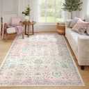 Lahome Flavie Light Pink Boho Rug, 6x9 Washable Rugs for Bedroom Girls, Soft Floral Kids Carpet with Non-Slip Backing for Nursery Playroom Kids Room
