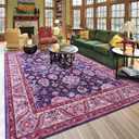 Area Rugs for Living Room, 6x9 Washable Area Rug for Bedroom, Retro Floral Non-Slip Carpet for Nursery Home Office Dining Room Kitchen, Blue and Purple
