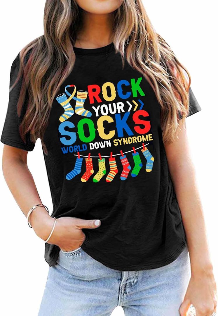 Down Syndrome Awareness Shirts for Women World Down Syndrome Day Short Sleeve T Shirt Syndrome Support Tee Top (Black, XL)