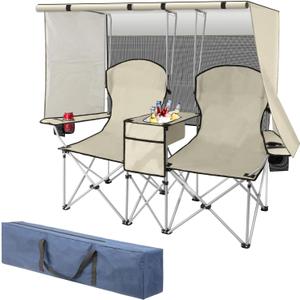 Double Beach Chair with Canopy Shade,Heavy Duty Camping Chair for Adults, Folding Beach Chair with Cup Holder Cooler Bag for Sports Beach Outside, White