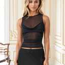 Sexy Pleated Ruched Crop Tank Tops for Women Mock Neck Sleeveless Mesh See Through Double Linery Tank Tops (Black)