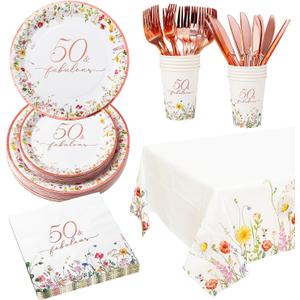 Crisky 50th Birthday Plates and Napkins Set, 50 Fabulous Disposable Paper Tableware Set of 24 for Women 50th Birthday Decorations for Her(Plates, Napkins, Cups, Tablecloth, Knife & Fork)
