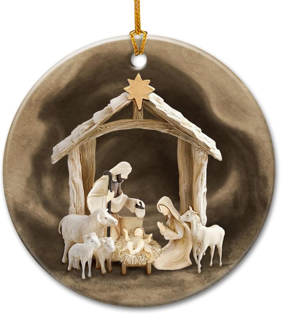 Rustic Nativity Christmas Ornament 2025-2-Sided Printed Ceramic Nativity Scene Ornaments, Religious Presents for Christian Women Men - Holy Family Jesus Christmas Tree Decorations