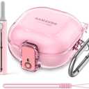[with Safety Lock] Clear Case for Samsung Galaxy Buds FE(2023)/Buds 2 Pro(2022)/Buds 2(2021)/Buds Pro(2021)/Buds Live(2020),Accessories with Anti-Lost Keychain/Silicone Wrist Strap(Pink) (A4-Pink+Bi)