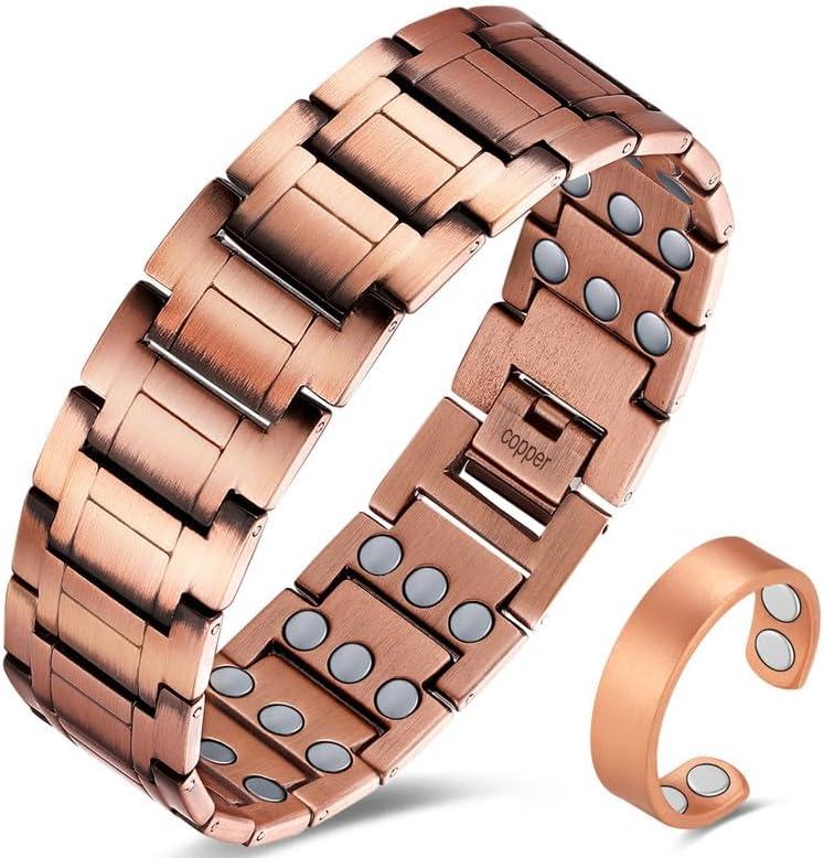 3X Copper Bracelet for Men Triple Ultra Strength Magnet Pure Copper Magnetic Bracelet & Ring Set with Adjustable Sizing Tool