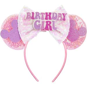 Handmade Birthday Mouse Ears Headband for Women Girls, Pink Happy Birthday Ears for Party Dress Up Decorations Hair Accessories