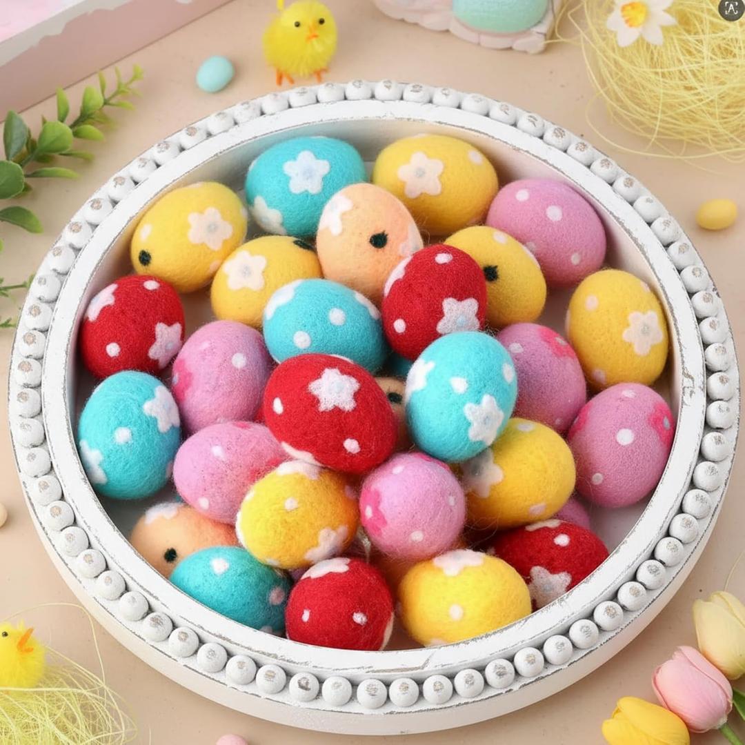 Newwiee 20 Pc Easter Eggs Wool Felt Easter Eggs Decorative Felted Wool Colorful Decor with Polka Dots Wavy Daisy Basket Stuffers for Spring Crafts Tree Hanging Ornaments Party Decor(Daisy)