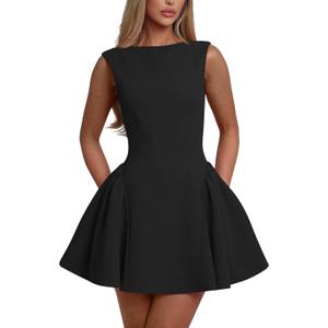 YMDUCH Women's Summer Sleeveless Crew Neck Backless A-line Mini Party Prom Dress Small