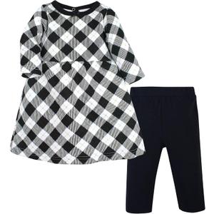 Hudson Baby Unisex Baby Quilted Cotton Dress and Leggings (6-9 Months, Black Gold Plaid)
