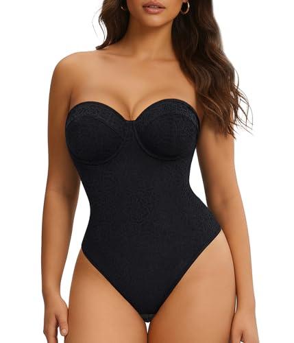 Nebility Strapless Shapewear Bodysuit for Women - Thong Body Suits Tummy Control Tube Top Underwire Lace Corset with Removable Strap Size M