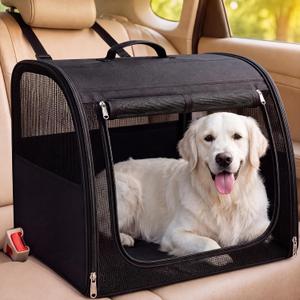Dog Car Crate, Enclosed Foldable Cat Car Seat Carrier 24x19.6x19.6in, Black