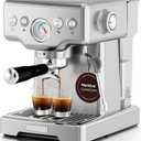 Neretva Espresso Machine, 1450W Stainless Steel Coffee and Espresso Maker Combo with Milk Frother 15Bar Visible Pressure Guage Espresso Coffee Machine for Espresso/Latte/Cappuccino/Home Barista-Silver