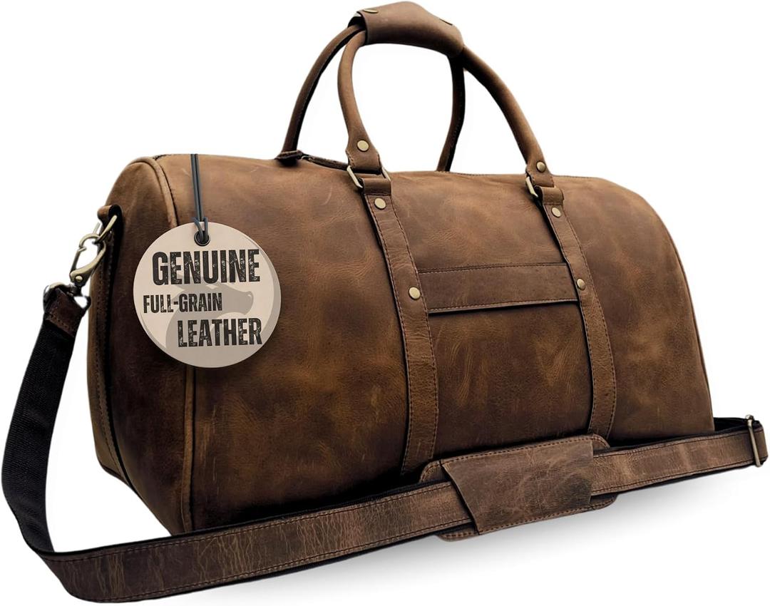 Muskie Leather Duffle Bag For Men & Women 21 Inch Full Grain Distressed Airplane Travel Weekend Carry On Overnight Gym Duffel With Shoe Compartment