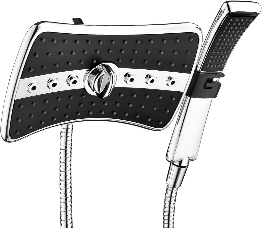 BRIGHT SHOWERS Dual Shower Head Combo Set, Handheld Showerhead Rainfall Shower Head Combo with Black Face, 60 Inch Long Stainless Steel Shower Hose, Chrome (2.5 Gallon Per Minute)