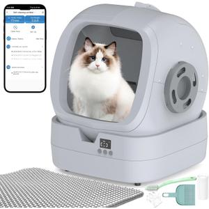 Automatic Cat Litter Box Self Cleaning - APP Control and Weight Monitoring - Ultra-Quiet, Suitable for Medium Cats and Kittens, Safe Anti-Pinch Litter Box (Assembly Required) - Light Grey