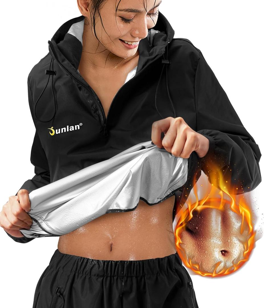 Junlan Sauna Suit for Women Sweat Jacket Gym Workout Vest Sweat Suits for Women (Small, A.black Tops Only)