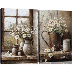 2Pcs Farmhouse Daisy Wall Art Country Bathroom Painting Wall Decor Rustic Daisy Canvas Posters Vintage Farmhouse Flowers Prints Pictures for Bathroom Bedroom Living Room Decor Framed