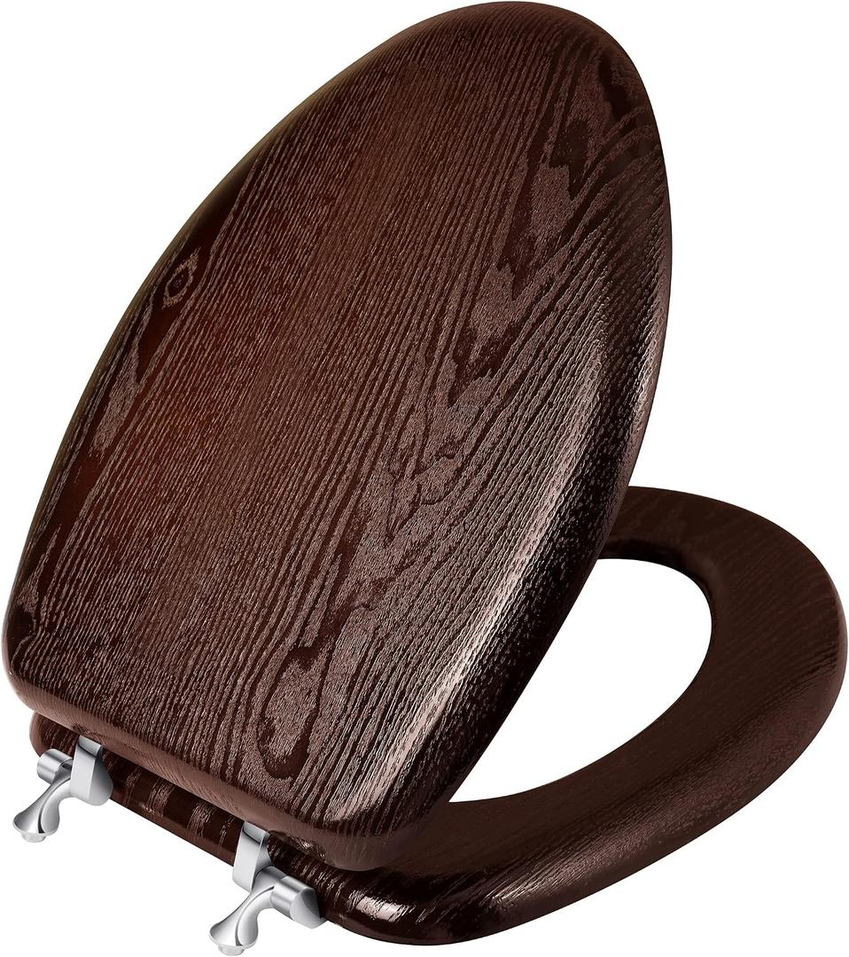 Elongated Wood Toilet Seat Support 400 lbs. Heavy Duty Toilet Seat with Natural Wood Veneer for Bathroom, Dark Walnut Toilet Lid with Chrome Hinges, Grip-Tight Bumpers, Easy Clean, Easy Install