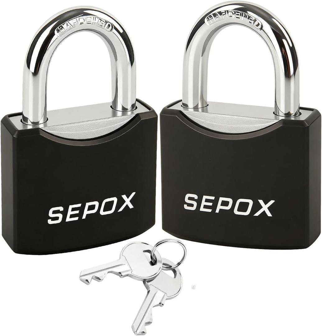 SEPOX 2 Pack Padlocks with Keys Heavy Duty Outdoor Weatherproof Padlock Set 1 9/16 Inch Solid Steel Locks Keyed Alike for Gate Fence Toolbox Gym Locker Storage Shed, Black Coated with Same Key