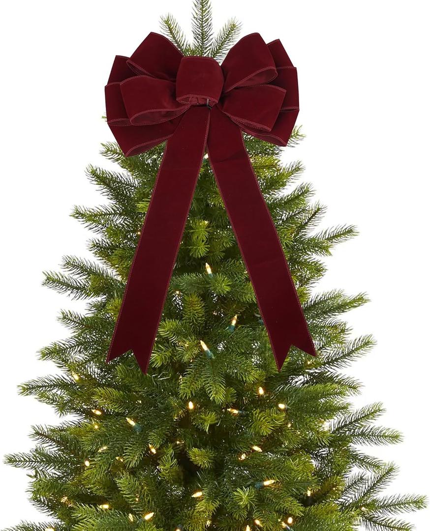 13" Dark Red Bow Pre-Tied Bow for Christmas Tree, Burgundy Velvet Ribbon Bows for Wreaths, Premade Tree Toppers Bows for Gift Wrapping, Party Favor, Christmas Home Indoor Outdoor Decor-1 PCs