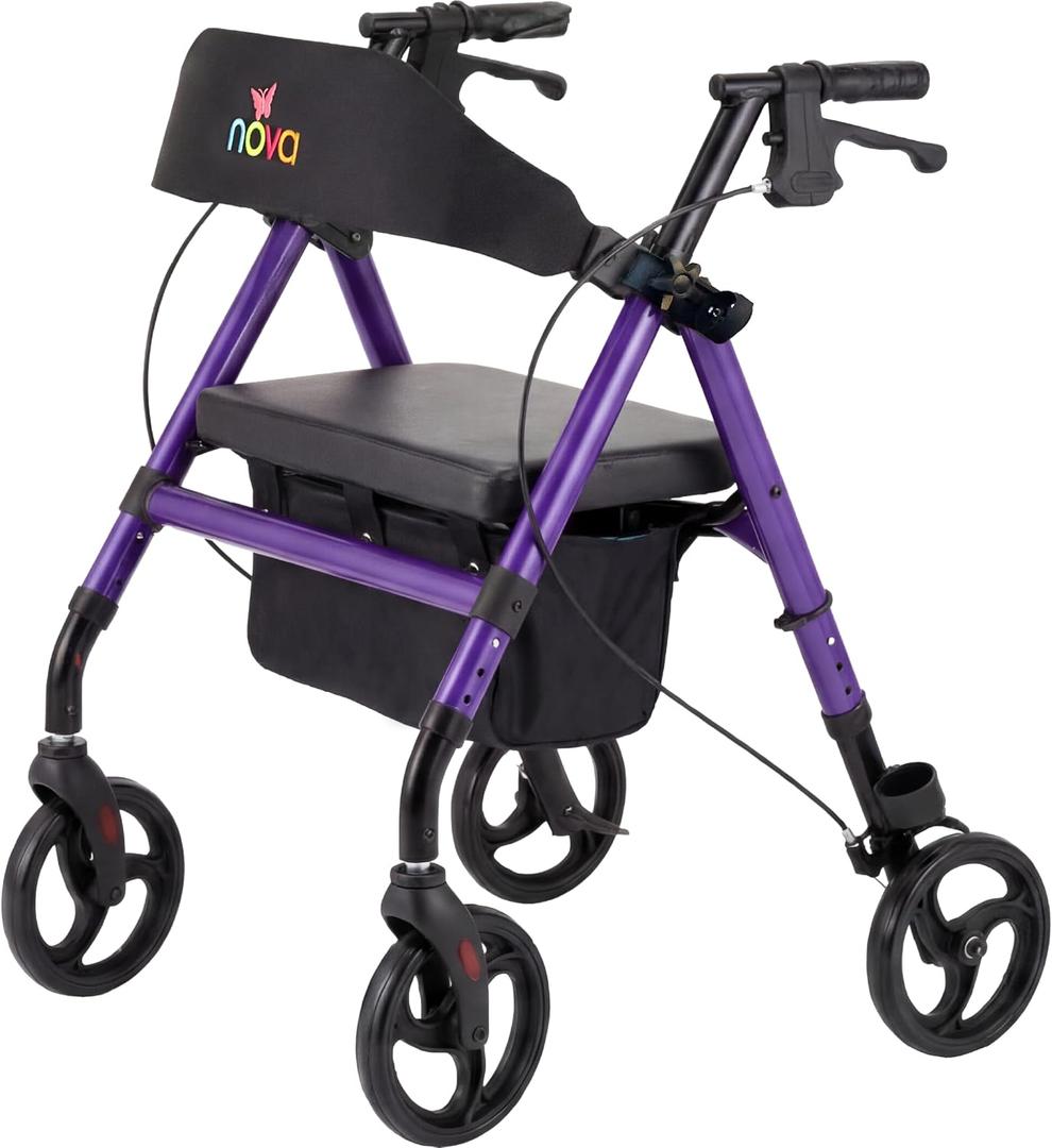 NOVA Vega Rollator Walker - Lightweight 18 lb Folding Mobility Walker, 8 Wheels, Adjustable Height, Hand Brakes, Padded Seat & Backrest, Purple