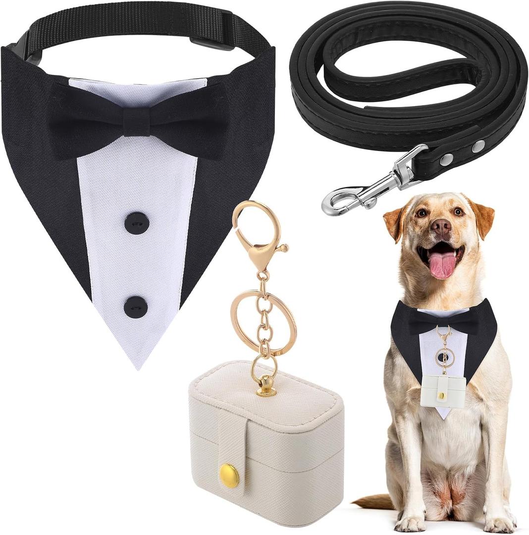 3 Pcs Dog Wedding Collar Outfit Include Dog Tuxedo Attire Wedding Ring Bearer Ring Holder Pouch Box Adjustable Pet Neck Bow Tie with Leash(Suit)