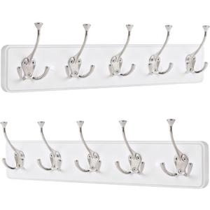 IBosins 2 Pack Coat Rack Wall Mount, 17'' Rustic Wooden Coat Hanger, Heavy Duty Metal Coat Hooks Rail for Entryway Closet Bathroom Coat Jacket Scarf Towel Hat (White Wood Plate & Silvery Tri-Hook)