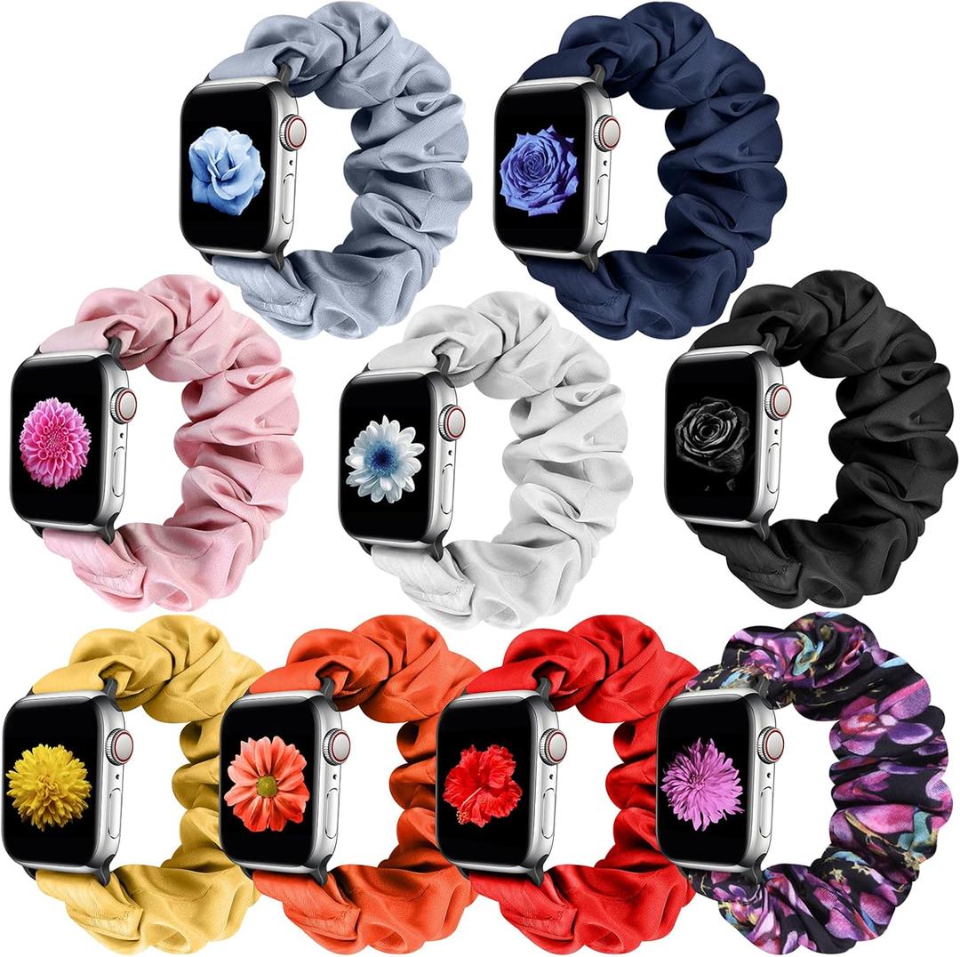 Compatible with Apple Watch Band Scrunchie 38mm 40mm 41mm 42mm 44mm 45mm 46mm 49mm, Elastic Pattern Printed Fabric Replacement Straps Women for iWatch Series 10/9/8/7/6/5/4/3/2/1/SE/Ultra (Gray+Silver+Dark Blue+Pink+Black+Yellow+Orange+Chinese Red+Purple Print)