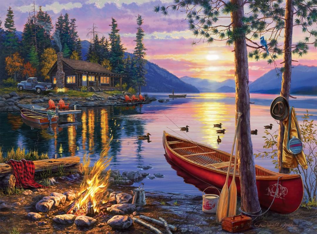 Buffalo Games - Canoe Lake 1000 Piece Puzzle for Adults - Jigsaw Puzzles  Darrell Bush Cabin Sunset Artwork with Poster  Challenging Outdoor Nature Scene