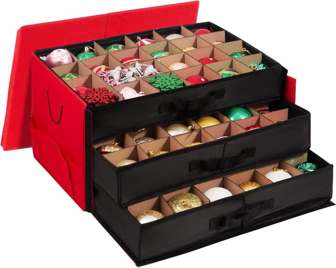 GOODLYGHTS Christmas Ornament Storage Container Box, Adjustable Dividers- Large Christmas Ball Storage Boxes with 3 Removable Trays Keeps Holiday Decorations (72-4")