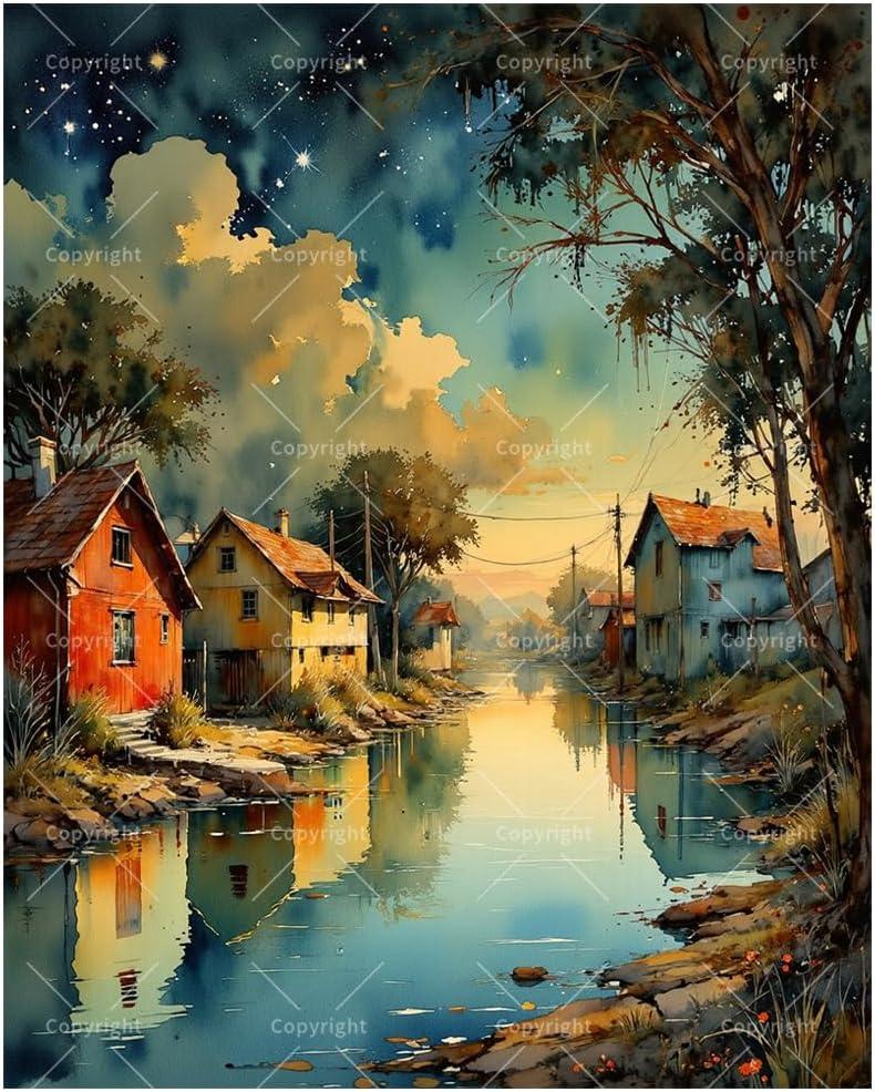 TAOPAOLAB Countryside Night Paint by Numbers Kit for Adults - DIY Riverside Village and Reflection Painting on Canvas 16x20 Inches, Acrylic Paint Set for Beginners, Art for Home Decoration or Gifts