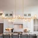 Linear Chandeliers for Dining Room 51" Gold Linear Pendant Light with Clear Swirled Globe Dining Chandeliers Over Table Rectangular Chandelier for Dining Room Kitchen Island, Copper Brass, 11 Light