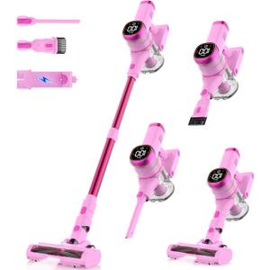 Tikom V500 Cordless Vacuum Cleaner for Home, 40000Pa/450W Stick Vacuum with LED Touch Screen, Charging Wall Dock, Anti-Tangle, Lightweight Handheld Vacuum for Pet Hair, Hard Floor, Carpet (Pink&red)