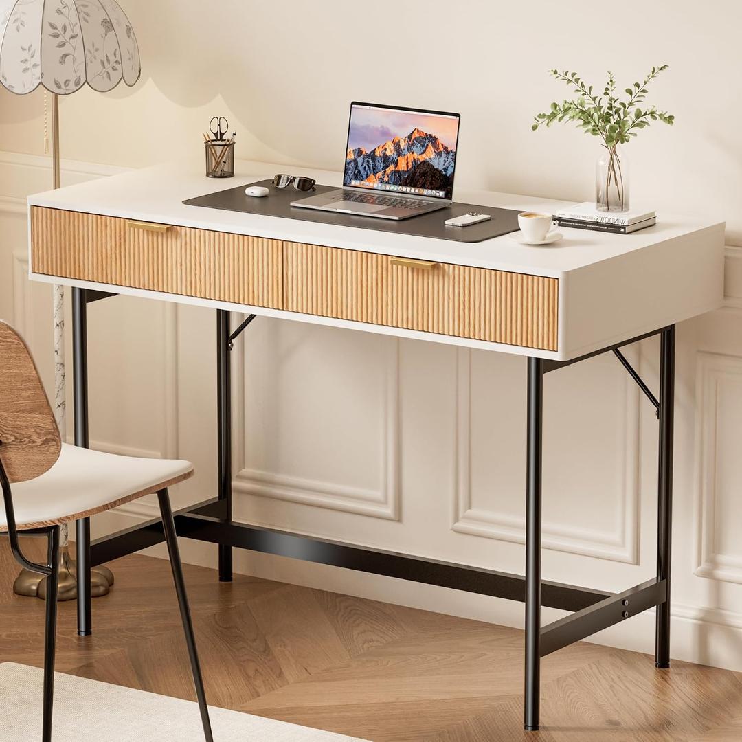 INNOD 45 Inch White Desk with Drawers, Small Writing Desks for Bedroom, Fluted Cute Desk with Storage for Vanity, Wood Computer Table for Living Room Small Spaces Home Office Study, 43x19.7x30 inches