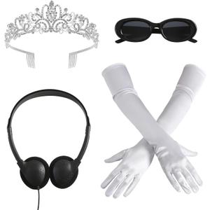 4 Pcs Princess Costume Accessories Set Women Tiara Crown Sunglasses Long Gloves Fake Headphone Dress Up Party